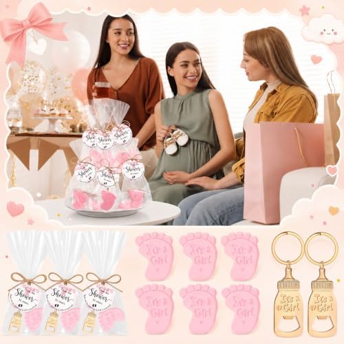 Vesici 25 Sets Baby Shower Favors for Guests Mini Handmade Footprint Scented Soap with Bottle Openers Keychains and Thank You Cards for Shower Gender Reveal Party Favors (It's A Girl) - Image 6