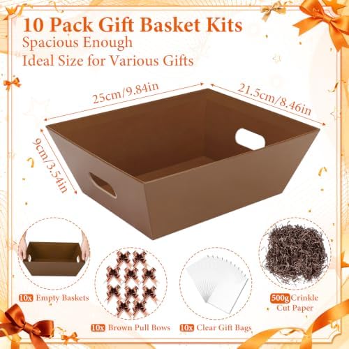 EVELOMO 10 Pack Empty Gift Baskets to Fill - 10" x 8" Large Baskets for Gifts Empty, Sturdy DIY Gifts Baskets Sets with 500g Crinkle Cut Papers for Birthdays Weddings Parties and Holidays (Brown) - Image 3