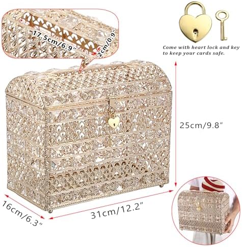ELLDOO Crystal Wedding Card Box with Heart Lock, Vintage Money Card Box Treasure Chest Style Gold Gift for Wedding Receptions, Centerpiece Decor, Anniversary Keepsake, Gift, Large Size - Image 3