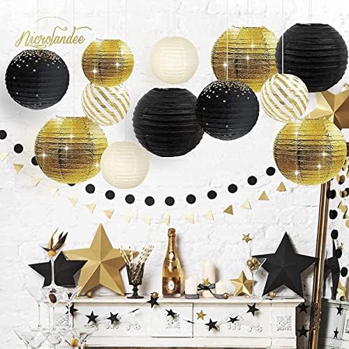 NICROLANDEE Black Gold Party Decorations - 12PCS Black Gold White Tissue Paper Pom Poms and 12PCS Metallic Foil Paper Lanterns for Wedding, Birthday, Graduation Décor, Prom, Festival Decorations - Image 4
