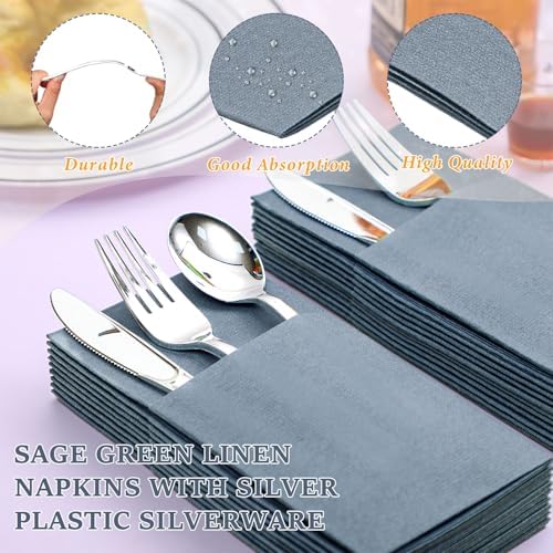 Gueevin 50 Set Linen Napkins with Plastic Cutlery Dusty Blue and Gold - Image 3