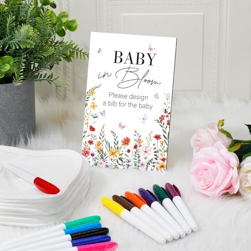 Panitay 43 Pcs Baby Shower Games Design a Bib, 12 Markers, Wildflower - Image 3