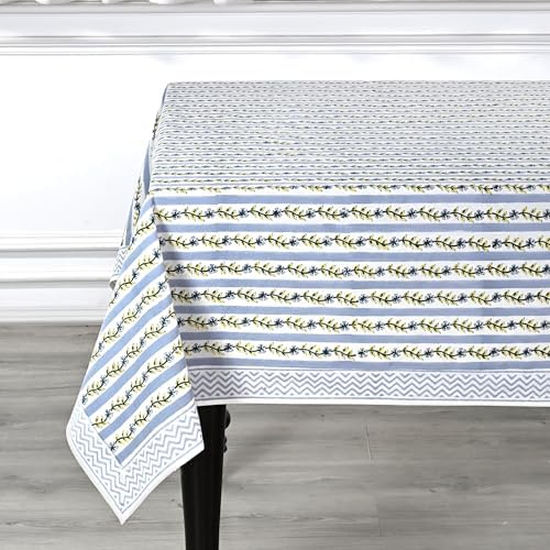 Ridhi Blue Meadow Vine Hand Block Print Cotton Tablecloth 102 x 48 Inch - Image 6