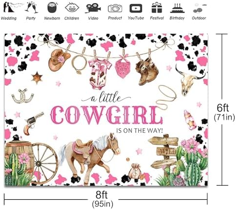 Cowgirl Baby Shower Backdrop 8x6ft Western Wild West Baby Shower Party Decorations Background A Little Cowgirl is On The Way Banner Photo Booth Props - Image 3