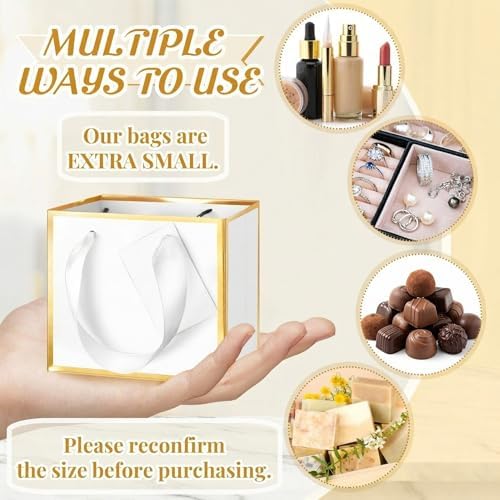 Yeaqee 100 Pcs Mini Metallic Paper Gift Bags with Handle, White, Gold - Image 3