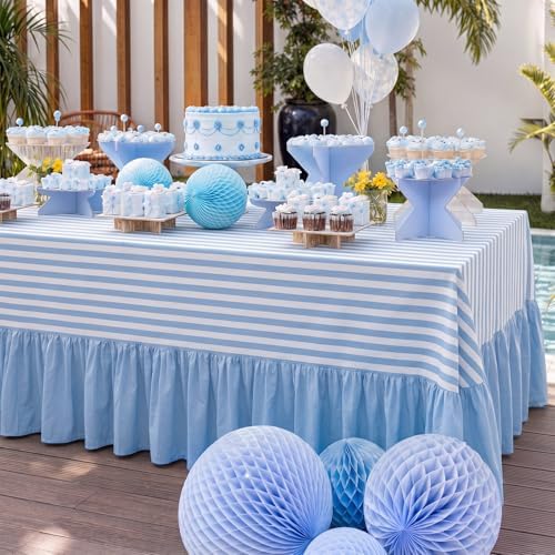 Moukeren 120"x60" Ruffled Tablecloth Table Cover, Blue and White, Striped - Image 5