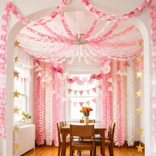 TaoBary Pink Party Decorations, 6 Roll Crepe Streamers 600 Paper Strips Chain Garland 4 Star Hanging 2 Felt Pennant Flag 2 Paper Fans Garland 6 Four Leaf Clover Streamers for Birthday Party - Image 7