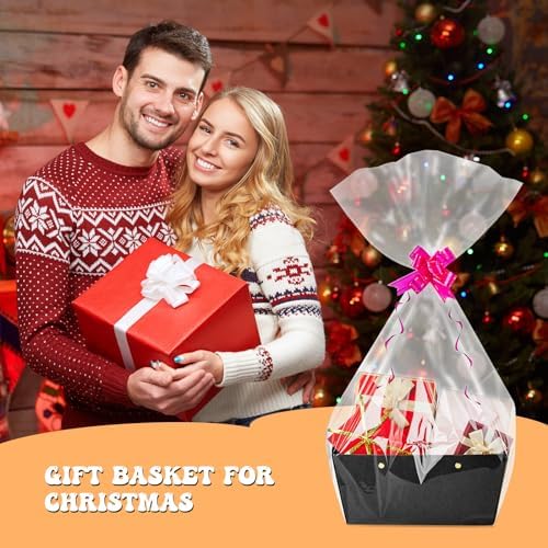 Tuanse 30 Pcs Basket for Gift Empty DIY Bulk Gift Basket Kit with Handle Kraft Cardboard Tray with 30 Bag 30 Bow Market Tray for Wedding Party, Black, 9.8 x 6.5 x 4.3 in - Image 6