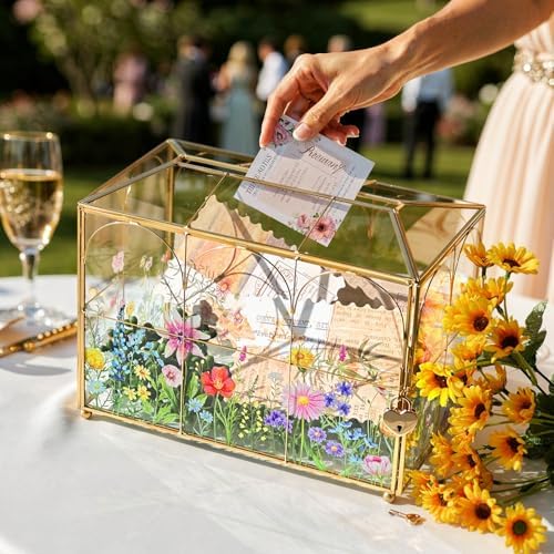 AerWo Glass Wedding Card Box with Lock, Gold Rim Gift Card Box for Wedding with Flower Patterns, Clear Wedding Card Boxes for Reception Memory Money Box for Graduation Baby Shower Birthday Party Decor - Image 4