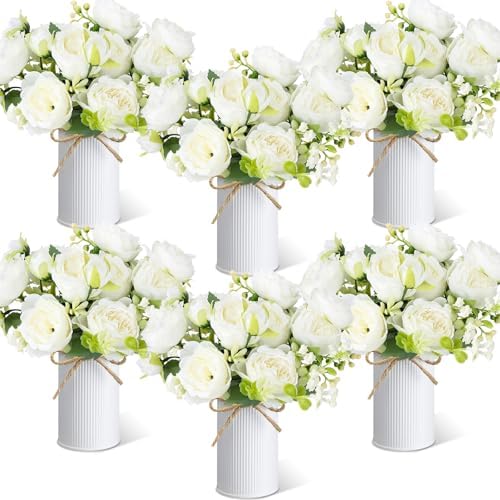 6 Sets Artificial Peonies Flower Peony Bouquet with Galvanized Metal Pot Silk Fake Peonies Faux Flower Arrangements for Wedding Table Centerpiece Party Home Room (White) by Solsew