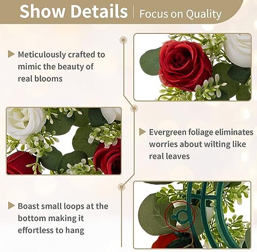 NUPTIO Flower Wedding Centerpieces for Tables - 10 Pcs 14 inch Diam Large Crimson & White Artificial Flowers Fake Roses Candle Rings Wreaths Spring Summer Wreath for Front Door Weddings Party Decor - Image 5