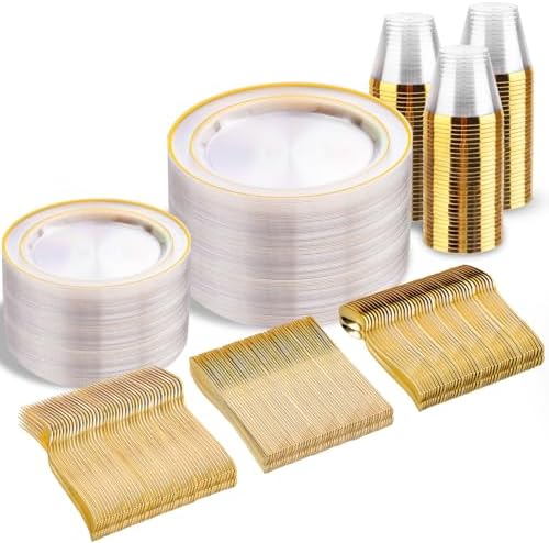 bUCLA 300Pcs Clear Gold Plastic Disposable Dinnerware Set - Clear Plates with Gold Trim Include 50 Dinner / 50 Dessert Plates,50 Cups,150 Plastic Silverware Set for Party by BUCLA