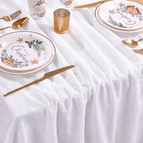 Sequin Tablecloth 90 x132 Inch White Rectangle Tablecloth Glitter Fabric - Image 2
