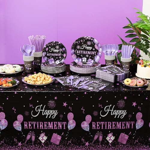 Funnymoom 452 Pcs Retirement Party Decorations Supplies Set Include Purple and Black Retirement Paper Plates Napkins Cups Tablecloth Cutlery Straws for Men Women Say Goodbye Party - Image 6
