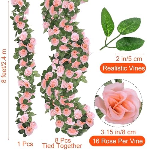 Aneco 8 Pack 64 FT Pink Flower Artificial Rose Vines Roses Fake Vine Flowers Plants Party Supplies for Holiday Wedding Garden Craft Art Decoration - Image 2