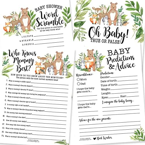 25 Woodland Who Knows Mommy Best, Baby Prediction And Advice Cards, 25 Word Scramble For Baby Shower, True Or False - 4 Double Sided Cards Baby Shower Ideas, Gender Reveal Games Baby Shower Games by HadleyDesigns