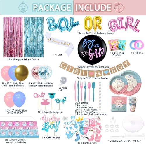 Guudmua 312 Pcs Gender Reveal Decorations, Baby Gender Reveal Party Supplies- Disposable Dinnerware Set With Pink and Blue (25 Guest), Boy or Girl Banner, Balloon, Sash, Cake Topper, Photo Props - Image 2