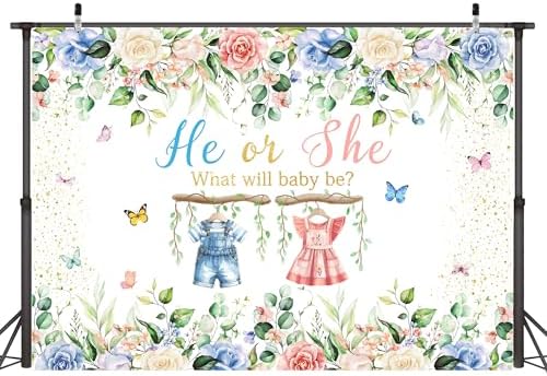 He or She Gender Reveal Background 10 x 8 ft Watercolor Flower Backdrop Large Boy or Girl Banner Newborn Baby Shower Baptism Kids Birthday Photography Props Decoration Polyester - Image 7
