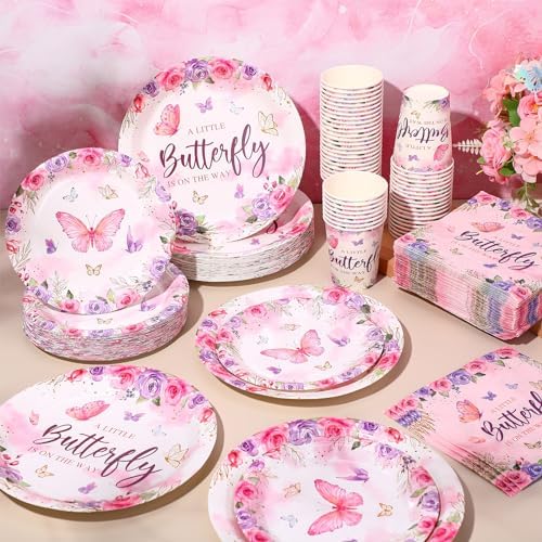 Ziliny 250 Pcs Butterfly Baby Shower Party Tableware Set a Little Butterfly Is on the Way Baby Shower Decorations Pink Purple Floral Paper Plates Napkins and Cups for 50 Guest(Cute Style) - Image 5