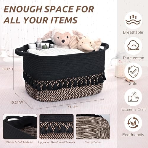 2 Pack Storage Basket for Shelves, Boho Cotton Rope Storage Bins with Heavy Tassel, Shelf Baskets Large Woven Baskets for Organizing, Cube Organizer Bins, Baby Laundry Basket for Clothes, Toys, Pets - Image 3