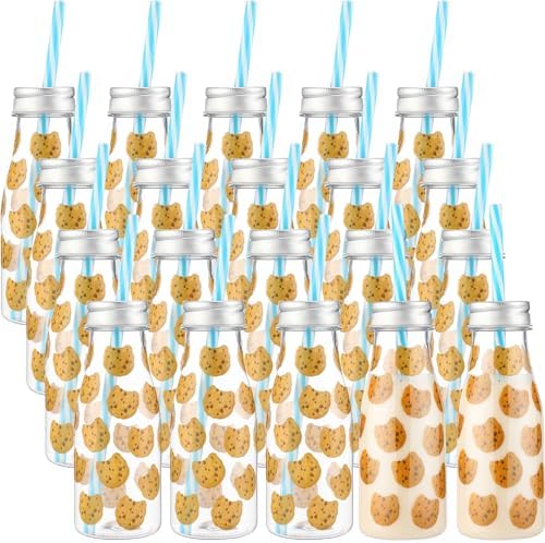 Yungyan 20 Pcs Plastic Cookies Milk Bottles with Straws and Lids Small Clear Milk Jar with Lids Mini Juice Bottles and 300 Sticker Labels for Theme Birthday Party Baby Shower by Yungyan