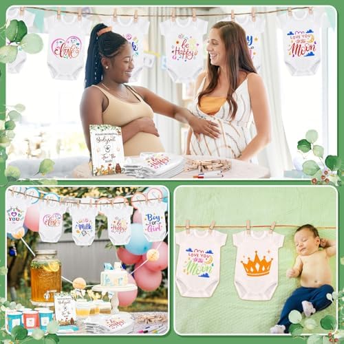 Panitay 126 Pcs Baby Shower DIY Bodysuit Set Bib 25 Blank White Newborn Bodysuit 25 Stencils 24 Marker 1 Sign 50 Pins(Woodland Animals) - Image 6