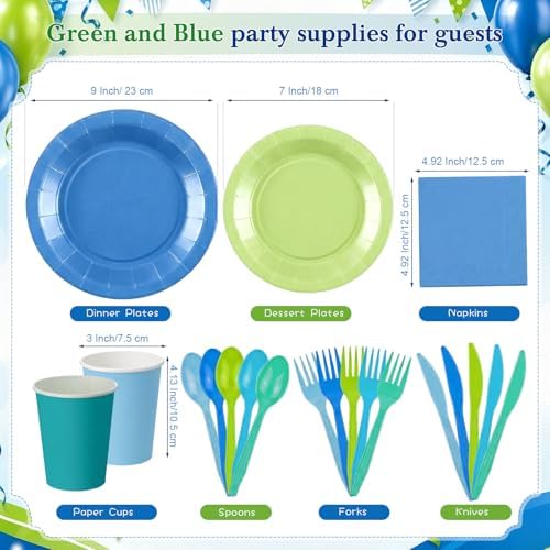 Mimorou 350 Pcs Green and Teal Plates Cups Napkins Utensils Blue - Image 3