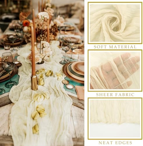 12 Pcs Beige Cheesecloth Table Runner 10FT Runner for Tables Boho Gauze Fabric Table Runner Decoration Rustic Sheer Runner for Wedding Bridal Shower Birthday Party Table Decor (35 x 120 Inches Long) - Image 2