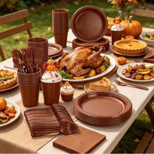 200pcs Brown Plastic Plates Party Supplies, Disposable 9’’ Dinner Plates and Napkins, Cups & Cutlery Dinnerware Set for Birthday, Baby Shower Fall, Thanksgiving Decorations, Serves 50 Guests - Image 5