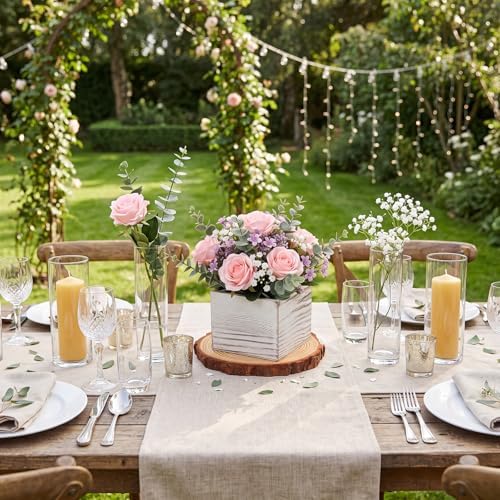 Leinuosen 16 Pcs Wedding Centerpieces Decor Set 8 x 4-inch Rustic Wood Cube Planter Box with 8 x Natural Wood Slices Tabletop Floral Arrangements for Baby Shower Home Garden Decorations(White) - Image 5