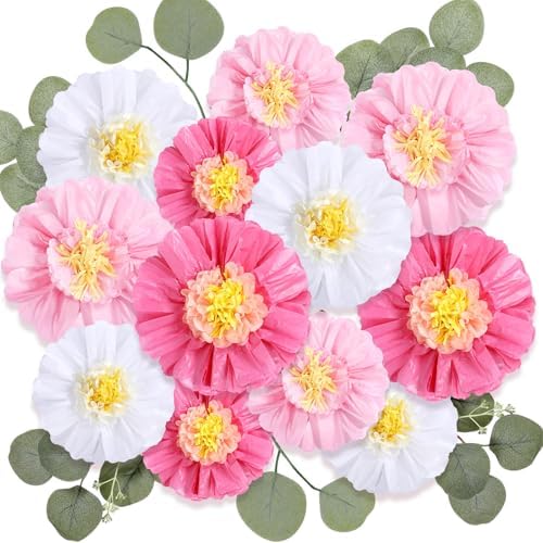 Lincia 80 Pcs Giant Tissue Paper Flowers with Artificial Eucalyptus Leaves, Large Paper Flower Decoration for Wall Tea Party Supplies Baby Shower Birthday Nursery Room Wedding(Cute Color,24''/12'') by Lincia