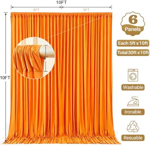 30x10FT Backdrop Curtains with Rod Pockets - Wrinkle Free Photo Stage Backdrop 6 Panels Curtains Drapes for Photography Wedding Party Baby Shower Decorations (Orange) - Image 5