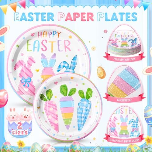Honeydak 210 Pcs Happy Easter Party Supplies for 30 Guests, Includes Colorful Bunny Plates, Cups, Napkins, Cutlery - Cute Rabbit Carrot Tableware Decoration for Baby Shower Easter Party - Image 4