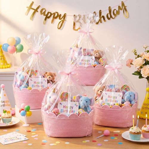 4 Pack Small Woven Baskets with Gift Bags, Ribbons, Wrap Tissue Papers Gift Baskets Empty to Fill for Baby Shower Wedding Christmas Day, Decorative Storage Cubes for Toys(Pink) - Image 4