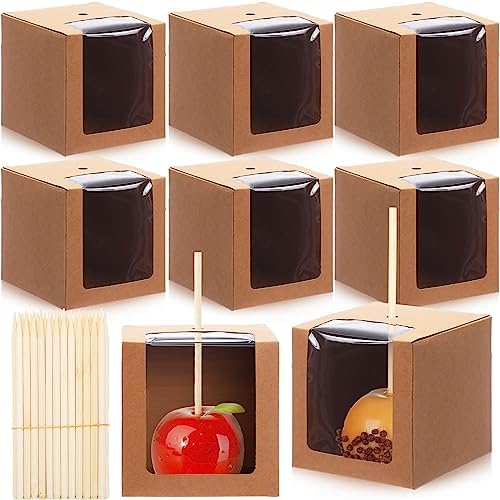 Yahenda 60 Pcs Kraft Candy Apple Boxes 4" x 4" x 4" With Hole and Stick - Clear Window Gift Boxes for Cake, Cookies, Chocolate, Caramel Apples - Wedding, Baby Shower Party (Brown) by Yahenda