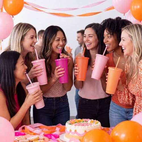 Skylety 24 Pcs Pink Orange Plastic Cups with Lids and Straws 24 oz - Image 5