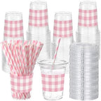 Sliner 50 Sets 16oz Pink White Gingham Party Plastic Cups by Sliner
