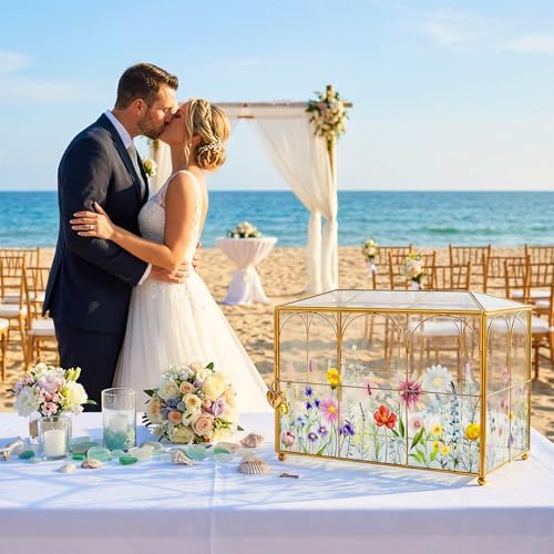 AerWo Glass Wedding Card Box with Lock, Gold Rim Gift Card Box for Wedding with Flower Patterns, Clear Wedding Card Boxes for Reception Memory Money Box for Graduation Baby Shower Birthday Party Decor - Image 5