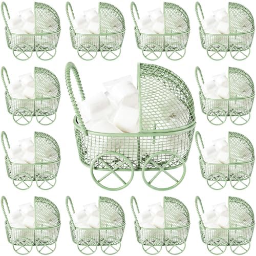 Threehoney 12 Pcs Baby Shower Mini Carriage Decoration Greenery Color Metal Wired Fillable Candy Stroller Baby Shower Table Centerpiece for Guest Gender Reveal Wedding Party Favor Gift by Threehoney