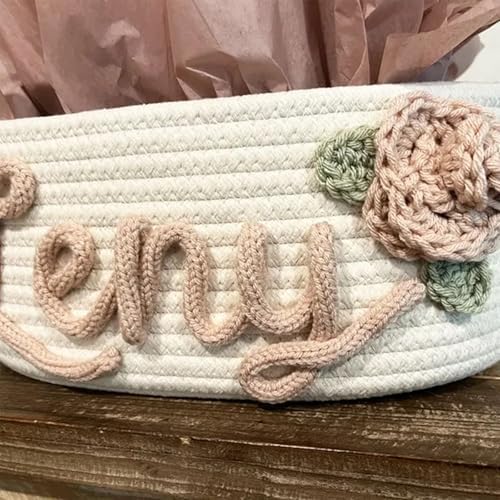 Personalized Cute Small Woven Basket with Handles, Custom Cotton Rope Room Shelf Storage Basket, Empty Decorative Gift Basket, Decorative Round Bin for Nursery Bedroom Bathroom (Style B) - Image 4