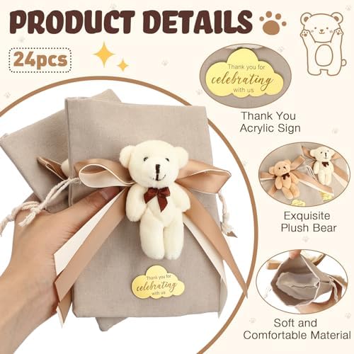 Shinylin 24 Pcs Bear Gift Bag Bulk for Baby Shower Guest Favor 5.3 x 7.1 Inches Candy Cute Plush Bear Drawstring Bag with Bow Thank You Acrylic Sign for Baby Boy Girl Party Decorations(Brown) - Image 3