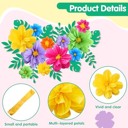 Geyee 40 Pcs Mexican Giant Paper Flowers Leaves Set, 24 Pcs Large Mexico Tissue Paper Flowers and 16 Green Leaves for Mexican Party Wedding Archway Fiesta Birthday Decoration 20" 10'' - Image 3