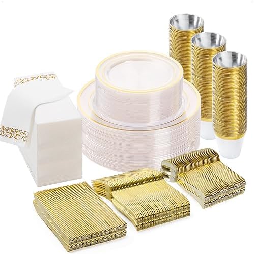 BESTVIP 350 PCS Clear Gold Plastic Plates and Silverware Set Disposable by Bestvip