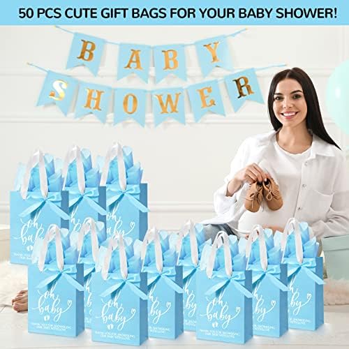 PerKoop 50 Pack Baby Shower Bags with Handle, Tissue Paper, Blue - Image 6