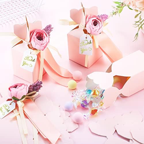 TaoBary 50 Pcs Wedding Favor Boxes with Flower Thanks Card Ribbon, Pink - Image 5
