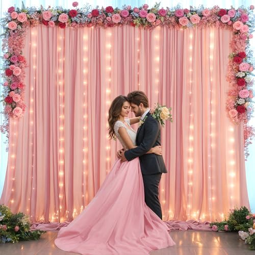 20ft x 10ft Dusty Rose Chiffon Backdrop Curtain with Lights String for Parties,4 Panels Sheer Tulle Curtain Wedding Backdrop for Baby Shower Birthday Party Ceremony Reception Home Decorations - Image 4