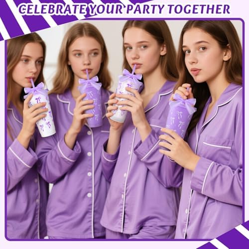 Skylety 24 Pcs Purple Bow Plastic Cups with Lid Straw and Ribbon - Image 6
