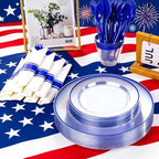 SUT 175 Pcs Blue and Clear Plastic Dinnerware Set for 25 Guests, Include: 25 Dinner Plates, 25 Dessert Plates, 25 Pre Rolled Napkins With Silverware, 25 Cups, Disposable Plates for Party, Wedding - Image 5