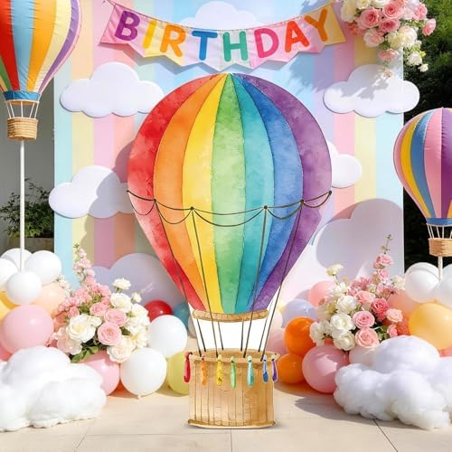 2.9 ft x 4.9 ft Rainbow Hot Air Balloon Baby Shower Decorations, Large Colorful Hot Air Shaped Cardboard Cutout, Life-Size Standup Photo Booth Props for Birthday Party Backdrops Decor by WelcometoLawnIdyll