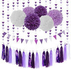 Purple Lavender White Streamers Birthday Banner Baby Bridal Shower Wedding Engagement Bachelorette Graduation Decorations Heart-Garland and Tissue Pom Poms,Women Girl Birthday Supplies Tassel Garland by LastingSurprise